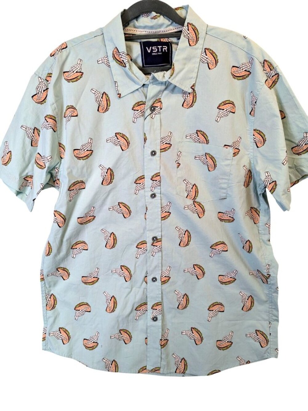 VSTR Shirt Men size XL TACO Skeleton Hand Green Short Sleeve Button Up Whimsical